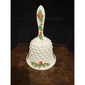 Fenton Christmas Bell Hand Painted Sparkly Holly Berries Milk Glass Hobnail